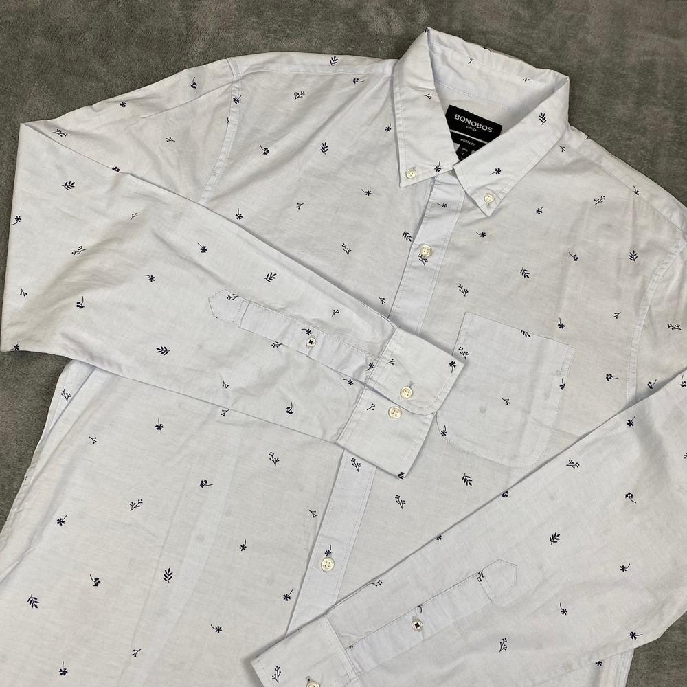 Bonobos Mens Button Down Shirt L Long Light Blue Athletic Fit Stretch Leaf Print